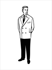 Man standing in a white jacket and black trousers hold hands behind back. Template design poster for barber shop.