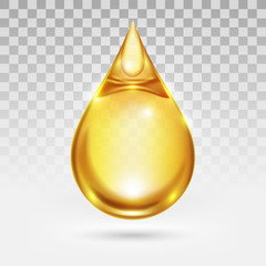 Fototapeta premium Oil drop or honey isolated on transparency white background, golden yellow transparent liquid, vector illustration