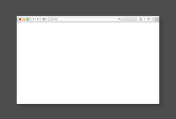 Modern browser window design isolated on dark grey background. Web window screen mockup. Internet empty page concept with shadow