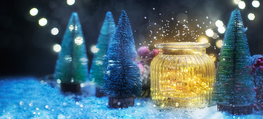 Christmas lighting in the jar, Christmas and New Year holidays background, winter season.