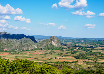 Fototapeta na wymiar Vinales Valley, landscape from Los Acuaticos Mount, UNESCO World Heritage Site, Pinar del Rio Province, Cuba