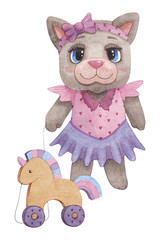 Grey kitty in a pink dress with a wooden unicorn on a string on a white background. Cute cartoon watercolor illustration with a cat. Children's illustration.