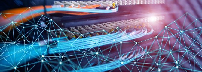 Visual Effect Connection network in servers data center room. Elongated horizontal background.