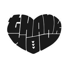 Thank you vector hand drawn lettering in heart shape isolated on white background. Graphic design element.    