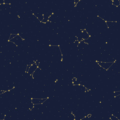 Seamless vector pattern with gold zodiacal constellations on blue background. Zodiac signs. Space background.