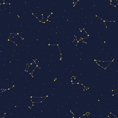 Naklejka premium Seamless vector pattern with gold zodiacal constellations on blue background. Zodiac signs. Space background.