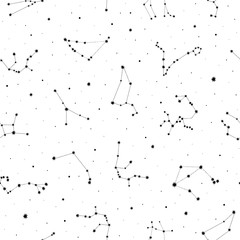 Seamless vector pattern with black zodiacal constellations on white background. Zodiac signs. Space background.