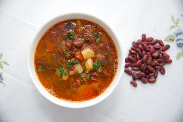 Traditional Azerbaijani Red bean soup . A bowl of homemade red bean soup . Red bean soup .