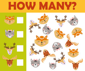 Counting animal games for preschool kids sheet layout in colorful printable version