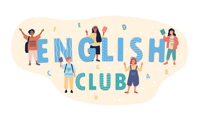 English Club poster design in a panorama banner with blue text and five diverse happy students cheering, colored vector illustration with copy space