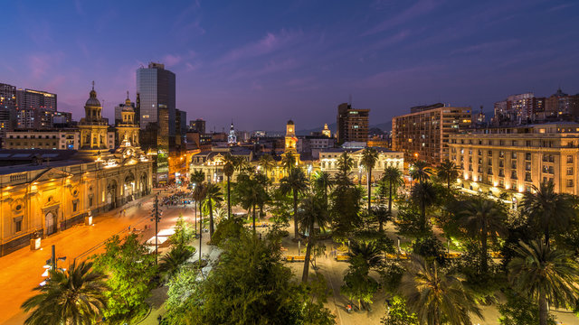 Plaza de Armas square at dusk in Santiago, the capital and largest city in Chile, South America. 