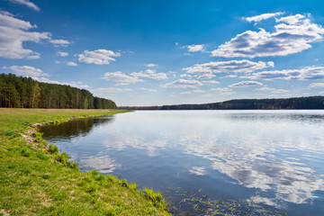 Fototapeta premium Summer landscape with lake and blue sky