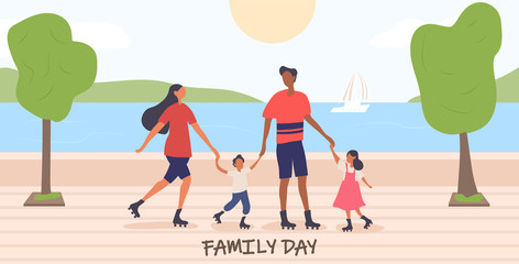 Young family with kids enjoying family day roller skating in the park with their small son and daughter, vector illustration