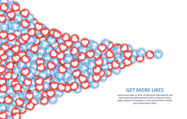 Get More Likes concept with assorted internet social media icons showing a red heart and thumbs up sign expanding from a single like to multiple, colored vector illustration with copy space