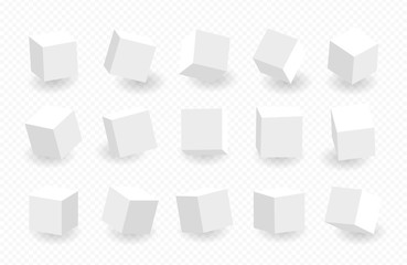 Fototapeta na wymiar White 3D cube pack isolated on transparent background. Multiple cubes. Different light, perspective and angle
