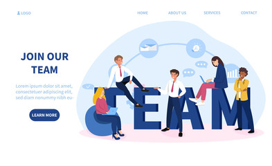 Join Our Team or business teamwork concept with large text surrounded by diverse businesspeople sharing ideas and brainstorming, colored vector illustration with copy space