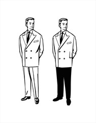 Two men in suit standing with crossed arms behind back. Full body. Black & white vector illustration isolated on white background.