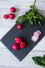 radishes on a wooden table