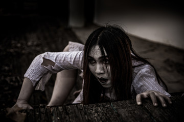Portrait of asian woman make up ghost face with blood,Horror scene,Scary background,Halloween...