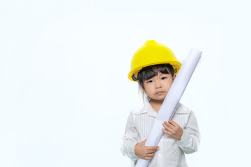 Portrait of cute asian little girl in engineer uniform and helmet on white background