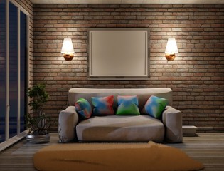 Empty frame in the night interior of the country house. Cozy sofa with pillows. Template for lettering and paintings. 3D rendering.