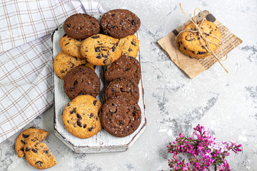 Chocolate Chip Cookies. Homemade baking. Round shape, not big. On a light gray background.