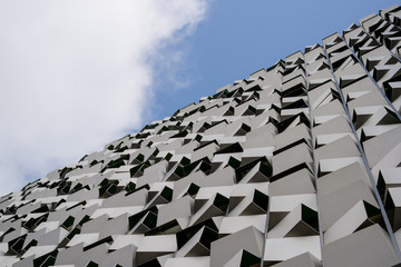 View of the unusual Cheesegrater cuboid metal car park building in Sheffield from below