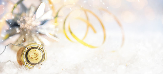 Christmas and New Year holidays background, winter season. Christmas greeting card with champagne...