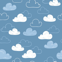 Cloudy sky seamless pattern. White clouds on a blue background. Vector simple childish hand-drawn background in cartoon style. ideal for textiles and baby clothes