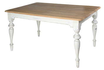 
Rectangular table with white base and wooden table top