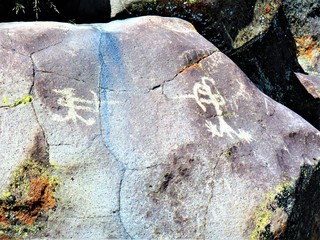 Pertoglyphs that are hundreds of years old seen at Little Petroglyph Canyon at Marutango  in California.  