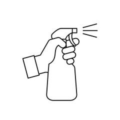 Hand holding a spray bottle line icon. Cleaning, disinfection concept. Antiseptic liquid for corona virus prevention. Alcohol sanitizer dispenser. Black outline on white background. Vector, clip art. 