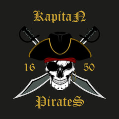 Skull of a pirate captain with swords. Vector image on a dark background.