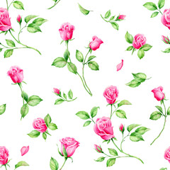 Fototapeta premium Summertime garden flowers English Roses watercolor seamless pattern. Beautiful hand drawn texture.
