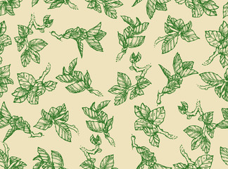 Seamless texture with hand drawn graphic leaves. Beautiful traditional inking. Ink drawing. Spring style repeated background.