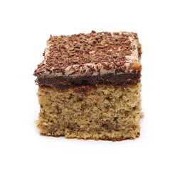 Fototapeta na wymiar Chocolate cake, pastry slice with walnuts isolated on white background