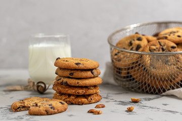Chocolate Chip Cookies. Homemade baking. Round shape, not big. On a light gray background.