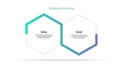 Business infographics. Timeline with 2 steps, options, hexagons. Vector template.
