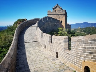 Walkway At Great Wall Of China Against Clear Blue Sky On Sunny Day
