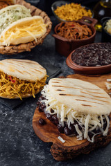 Different types of Venezuelan and Colombian Arepas. Typical Latin American breakfast