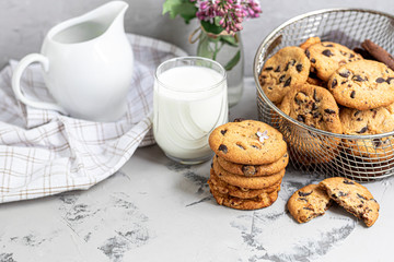 Chocolate Chip Cookies. Homemade baking. Round shape, not big. On a light gray background.