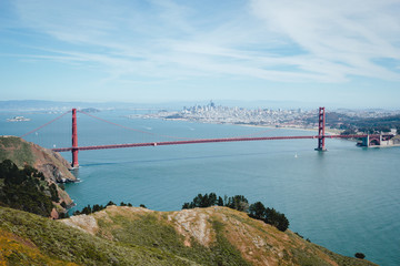 Scenic San Francisco city downtown skyline with Golden Gate Bridge view from Golden Gate...