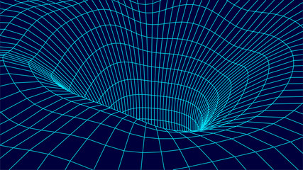 Technology wireframe tunnel on blue background. Futuristic 3D vector grid.