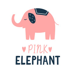 Cute cartoon vector elephant illustration with lettering text below. Pink elephant silhouette with blue ears and little hearts. For children book, poster, postcard design and kawaii concept