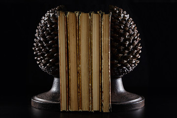 A stack of old books and book holders in the form of an asparagus head. On a dark background. Night...