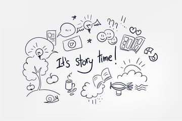 vector sketch lettering word doodle concept illustration it's story time - obrazy, fototapety, plakaty
