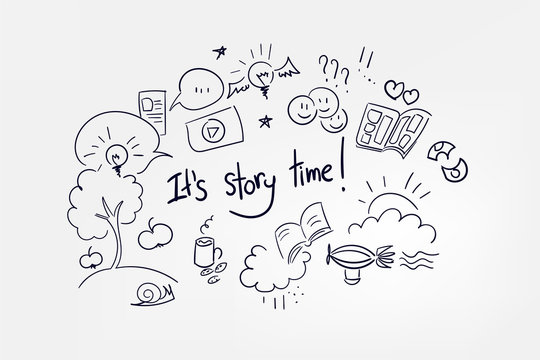 vector sketch lettering word doodle concept illustration it's story time