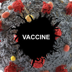 Medic hand punch coronavirus molecule from inside, defeated virus.
