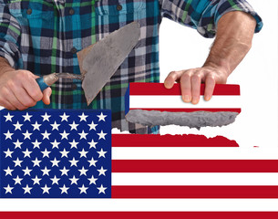 Usa rebuild United states of America flag brick wall and country after the crisis concept