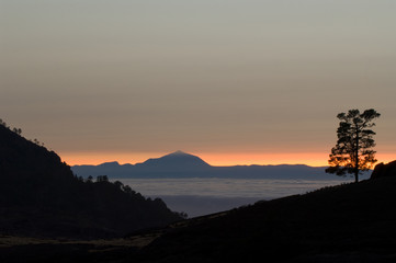 Island of Tenerife with the Teide peak at sunset from Gran Canaria. Canary Islands. Spain.